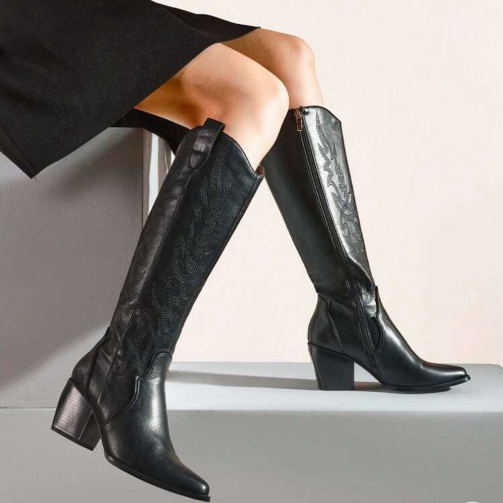 Women’s Knee High Cowboy Boots. Pointed Toe with Chunky Heel and Zipper.